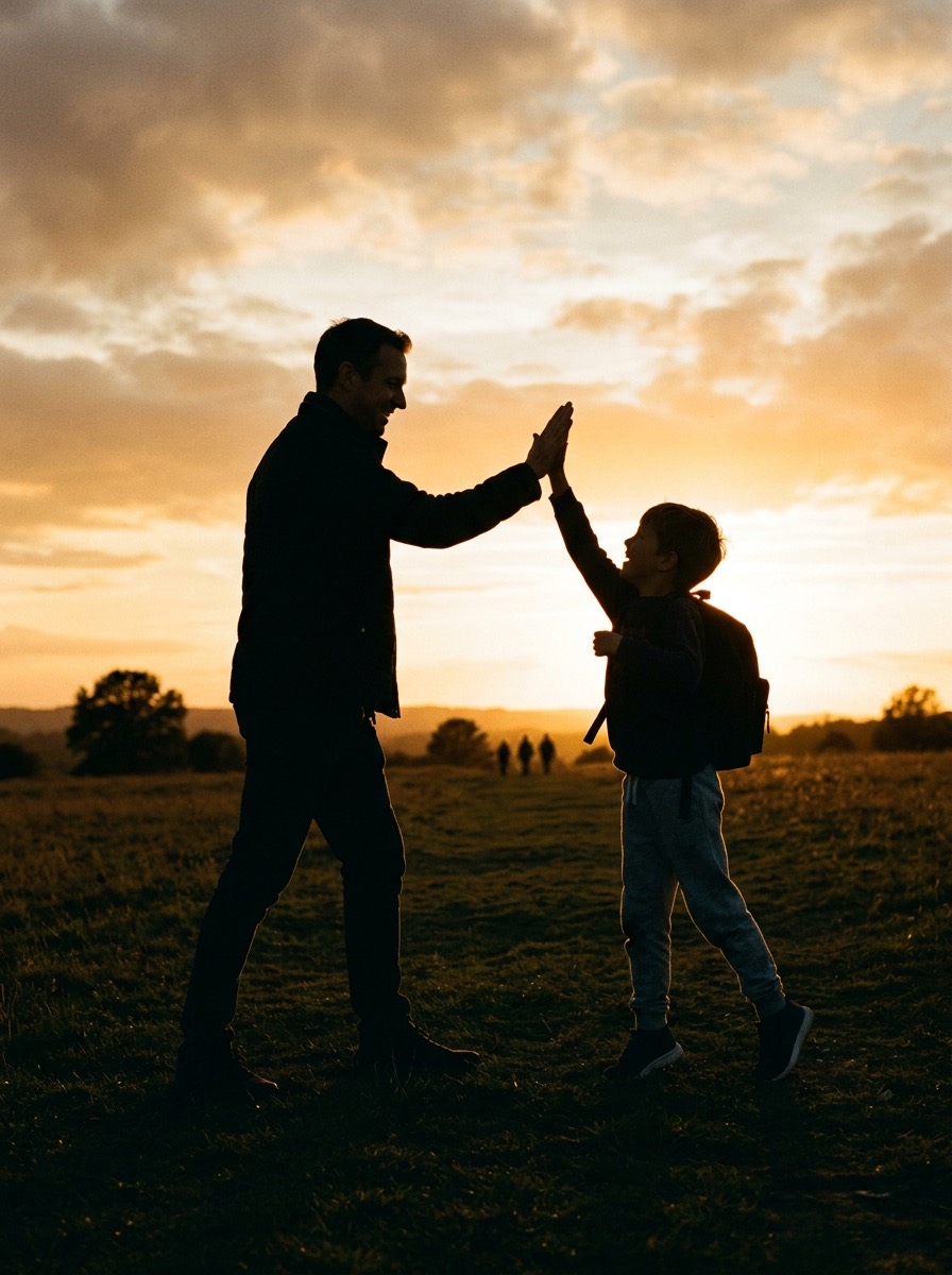 Ouder en kind geven elkaar een high five in het veld bij zonsondergang
