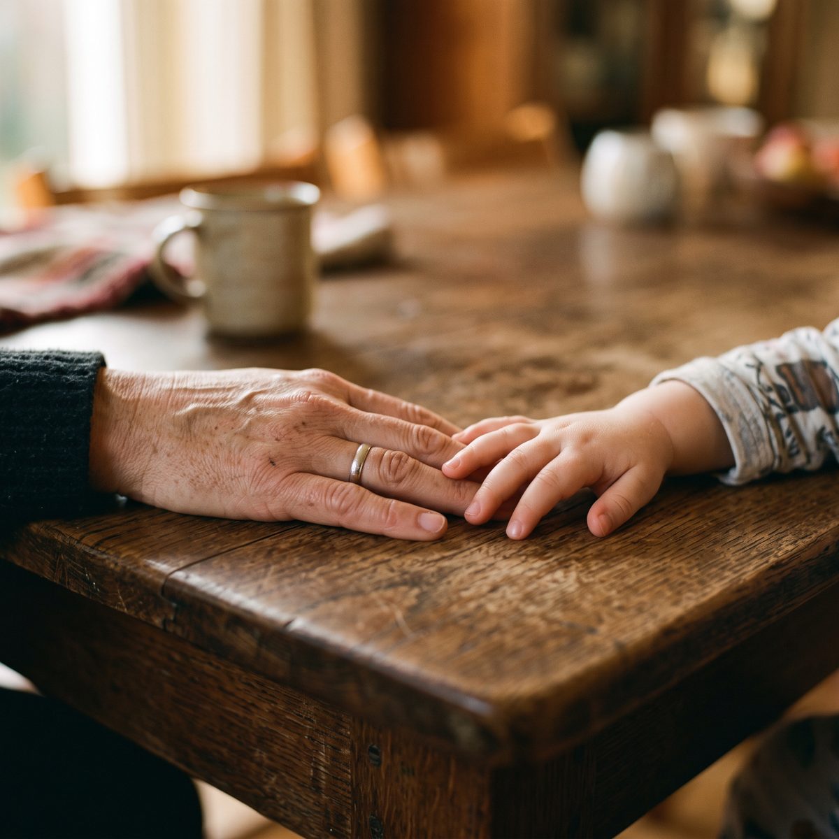 Een volwassen hand en een kinderhand naast elkaar op tafel