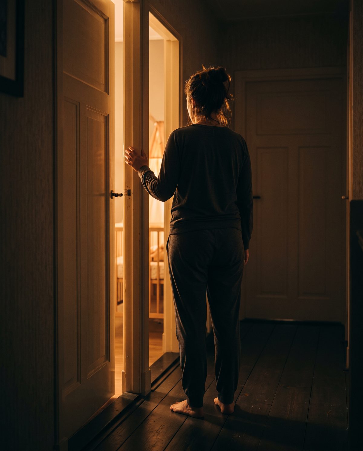 Moeder in de donkere gang, bij de deur van de kinderkamer