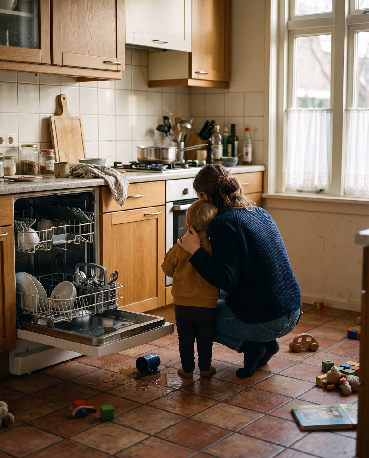 Moeder gehurkt bij haar peuter in de keuken, aan het eind van de middag